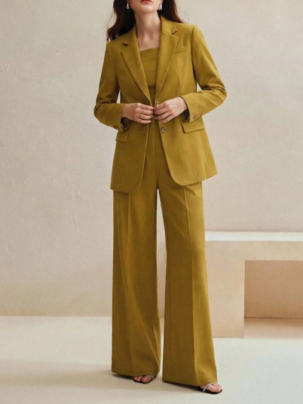 Chartreuse Green-Yellow Notch Lapel Blazer and Wide Leg Pants Suit Set